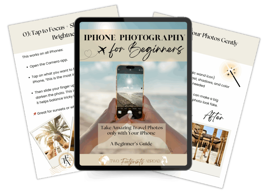 IPhone Photography for beginners Guide Preview on tablet, Hands holding a Iphone on the beach, sea in the background, Two Footprints Abroad Logo