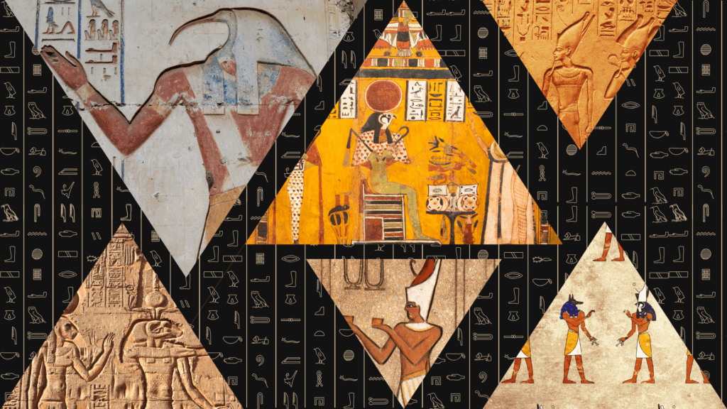 collage of egyptian gods and hyroglyphs