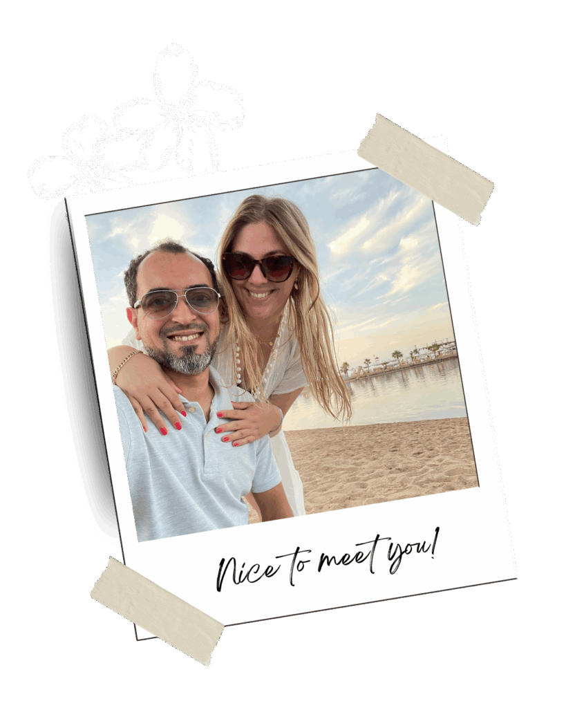 ouple on the beach in a polaroid frame with flowers and nice to meet you