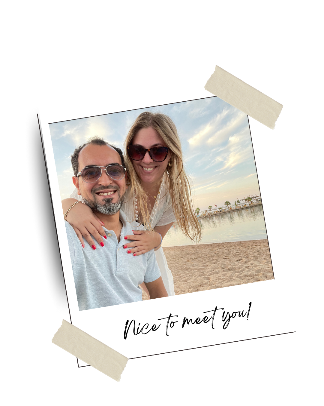 ouple on the beach in a polaroid frame with flowers and nice to meet you